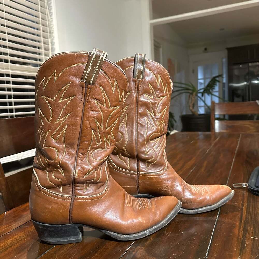 Vintage 1960s-1970s Tony Lama Cowboy Boots Brown Ostrich Leather Size 10D